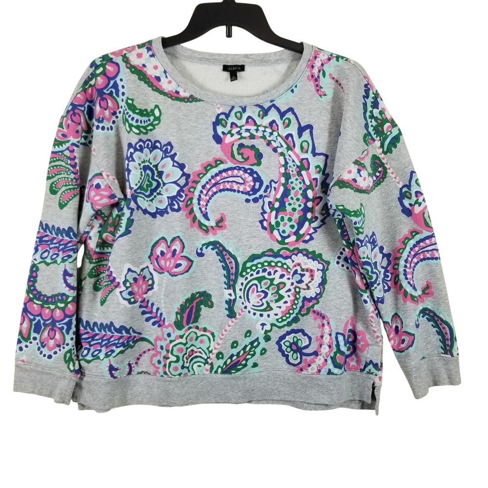 Talbots Womens XL Gray Paisley Crewneck Sweatshirt Cotton Blend Fleece Pullover‎